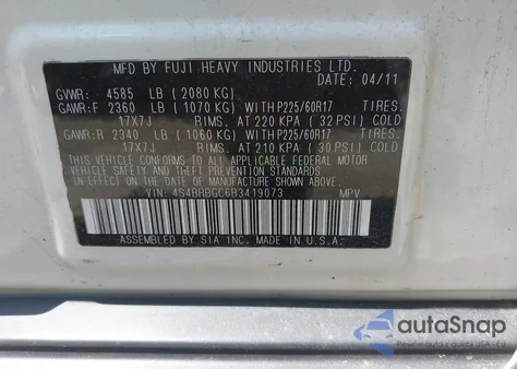 2011 Subaru Outback 2.5I Premium from USA, damaged, VIN 4S4BRBGC6B3419073